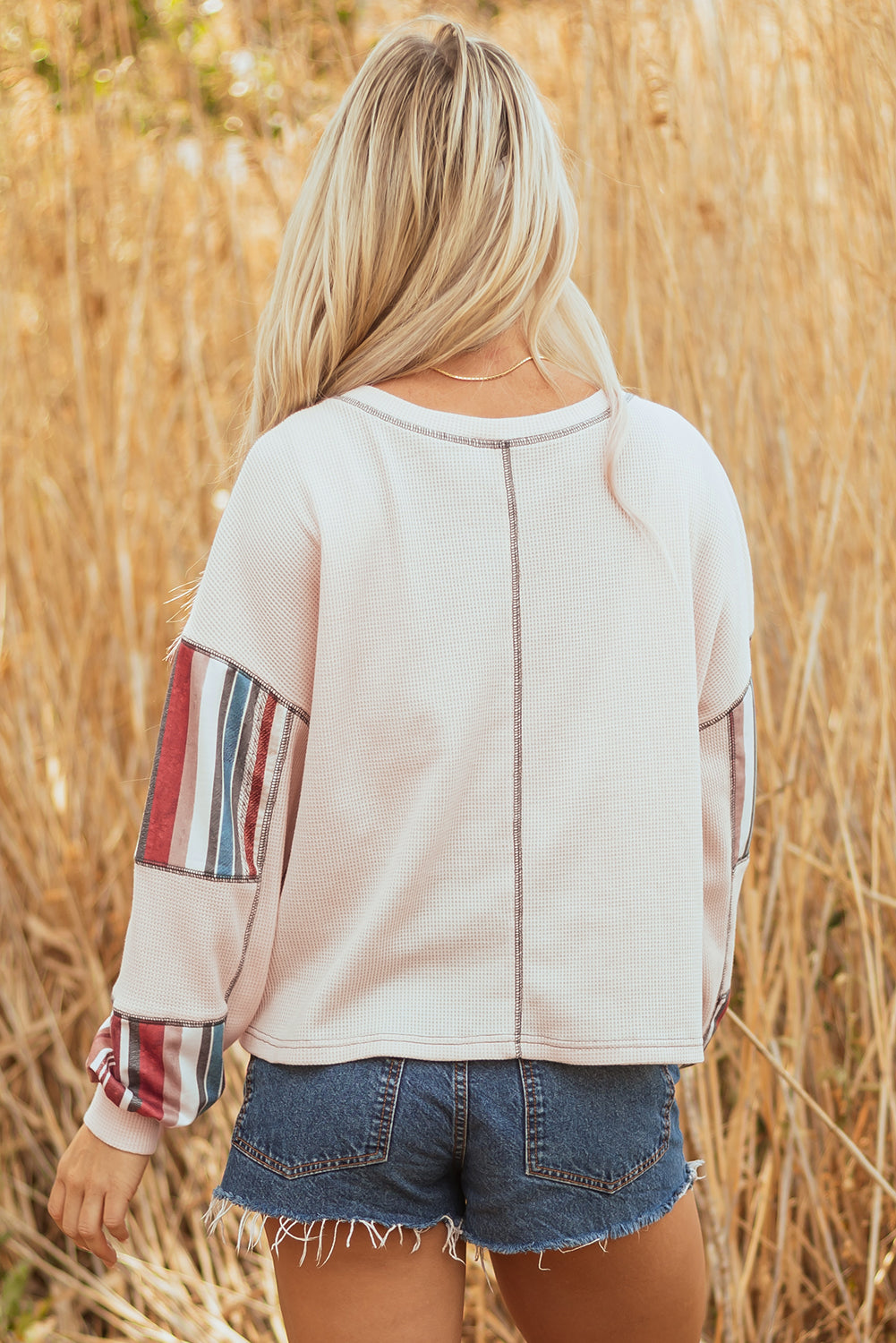 Beige Striped Waffle Patchwork Exposed Seam Raw Edge Casual Knit Top - Velvet Stardust Co.