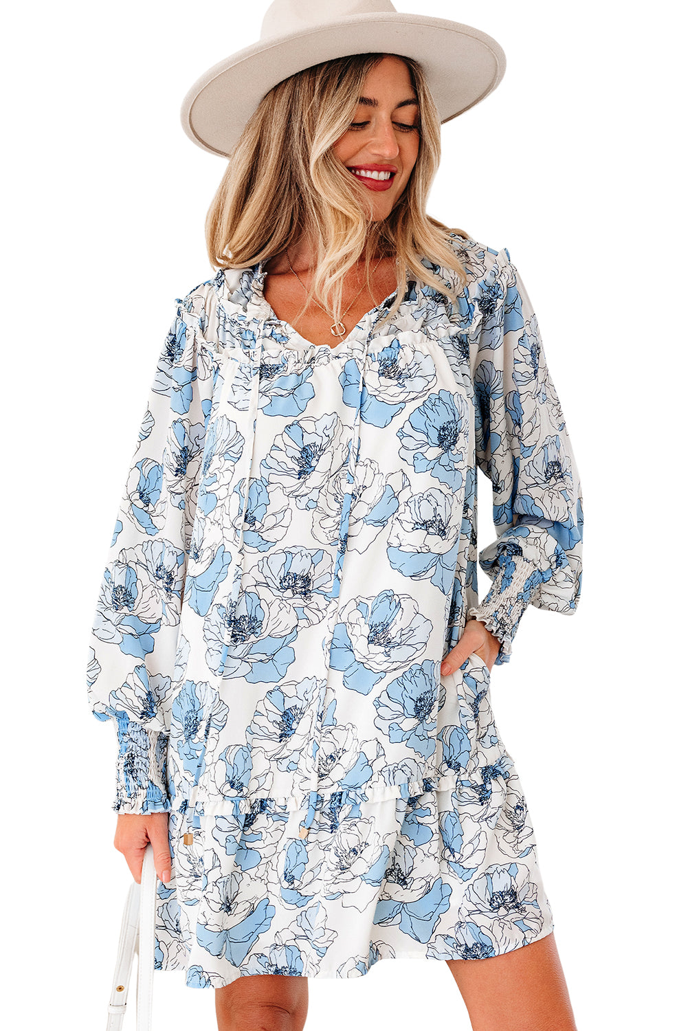 Sky Blue Floral Print Tie Neck Long Sleeve Flowy Mini Dress - Velvet Stardust Co.