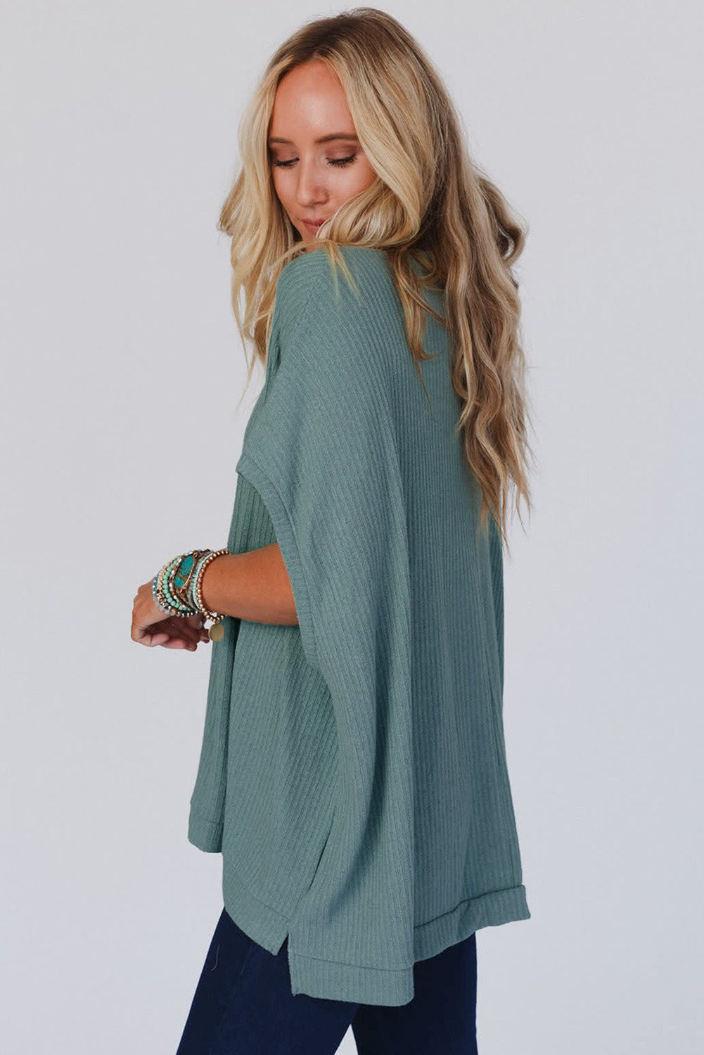 Moonlight Jade Oversized Ribbed Knit V Neck Dolman Short Sleeve Top - Velvet Stardust Co.