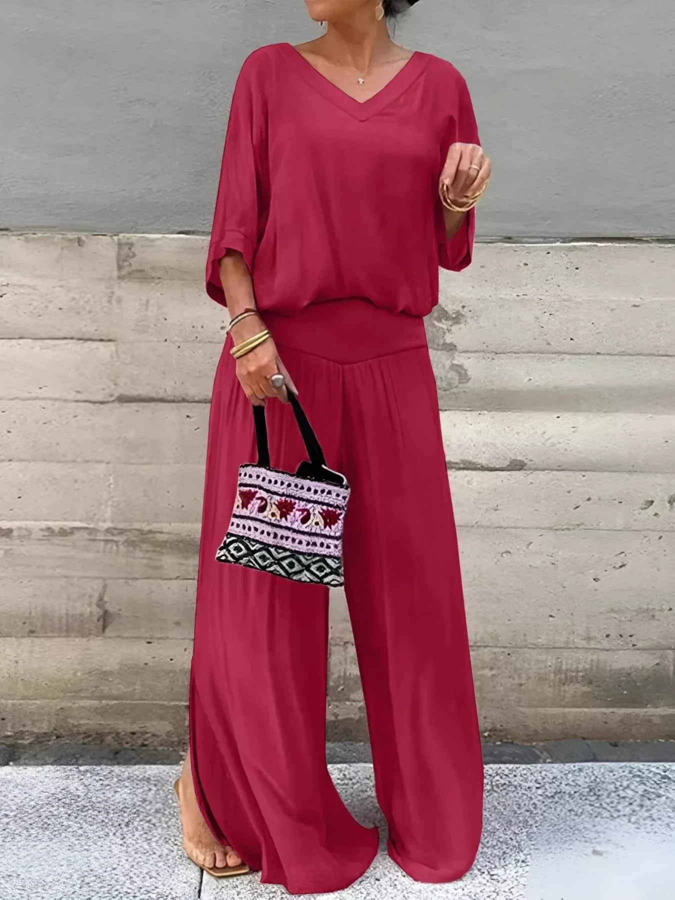 V-Neck Top and Wide Leg Pants Two-Piece Set