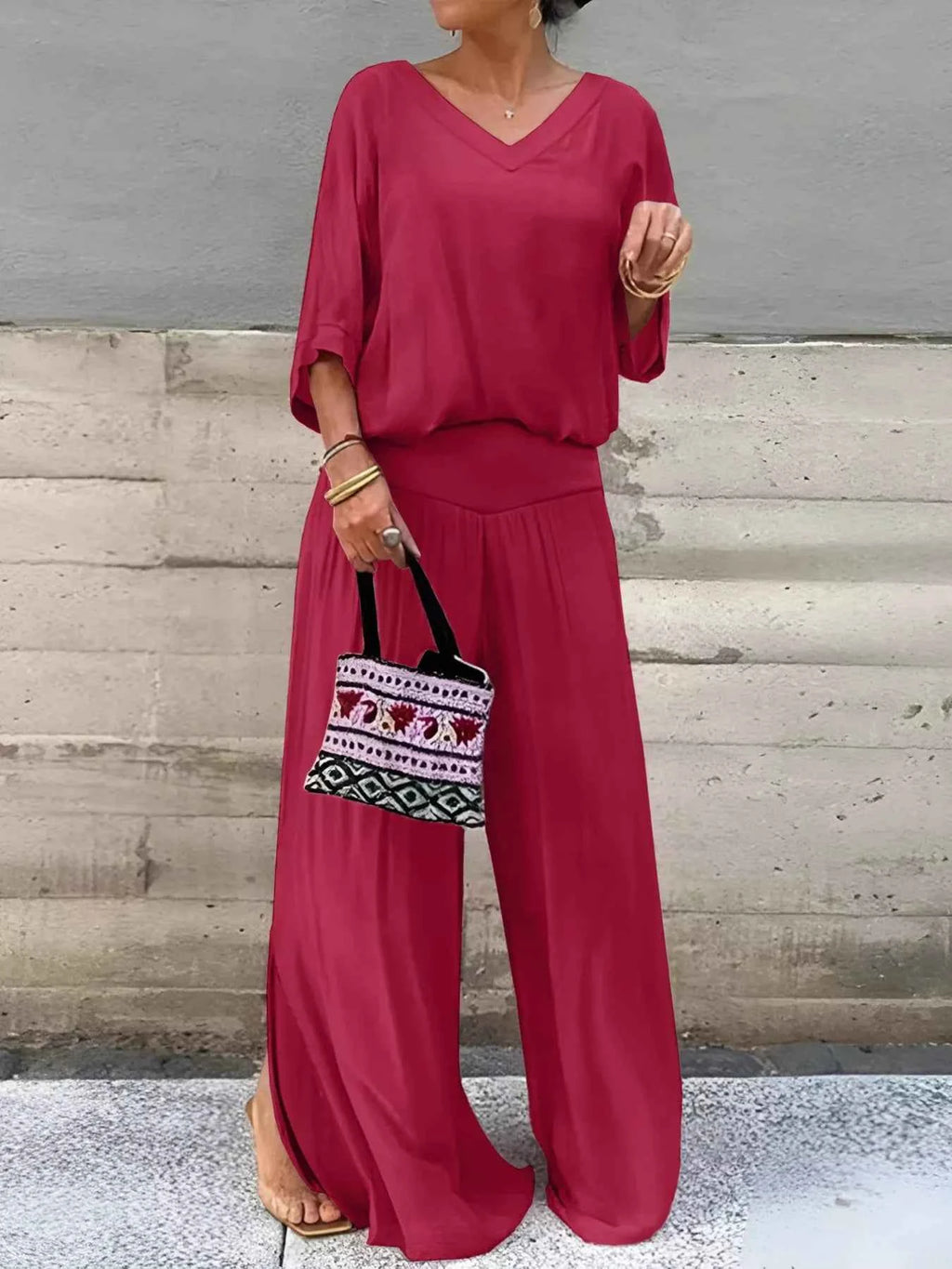 V-Neck Top and Wide Leg Pants Two-Piece Set