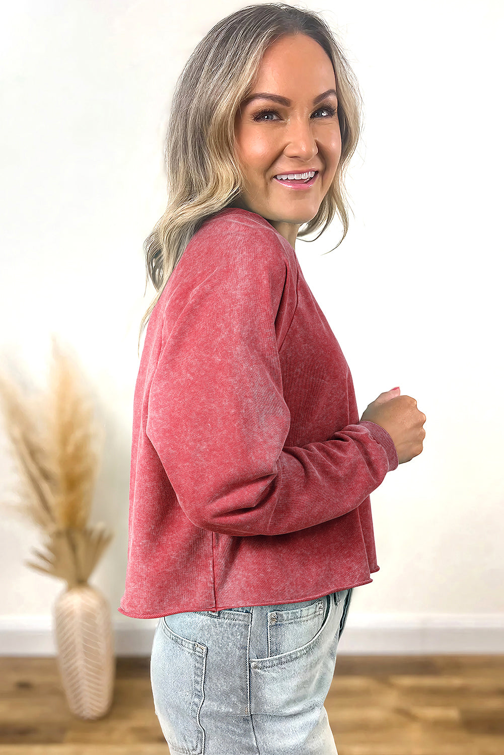 Racing Red Mineral Wash Raglan Sleeve Raw Hem Crop Sweatshirt - Velvet Stardust Co.