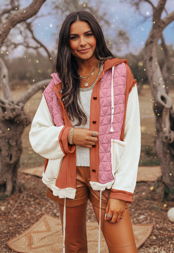 Coral Quilted Textured Patchwork Loose Fit Hooded Jacket - Velvet Stardust Co.