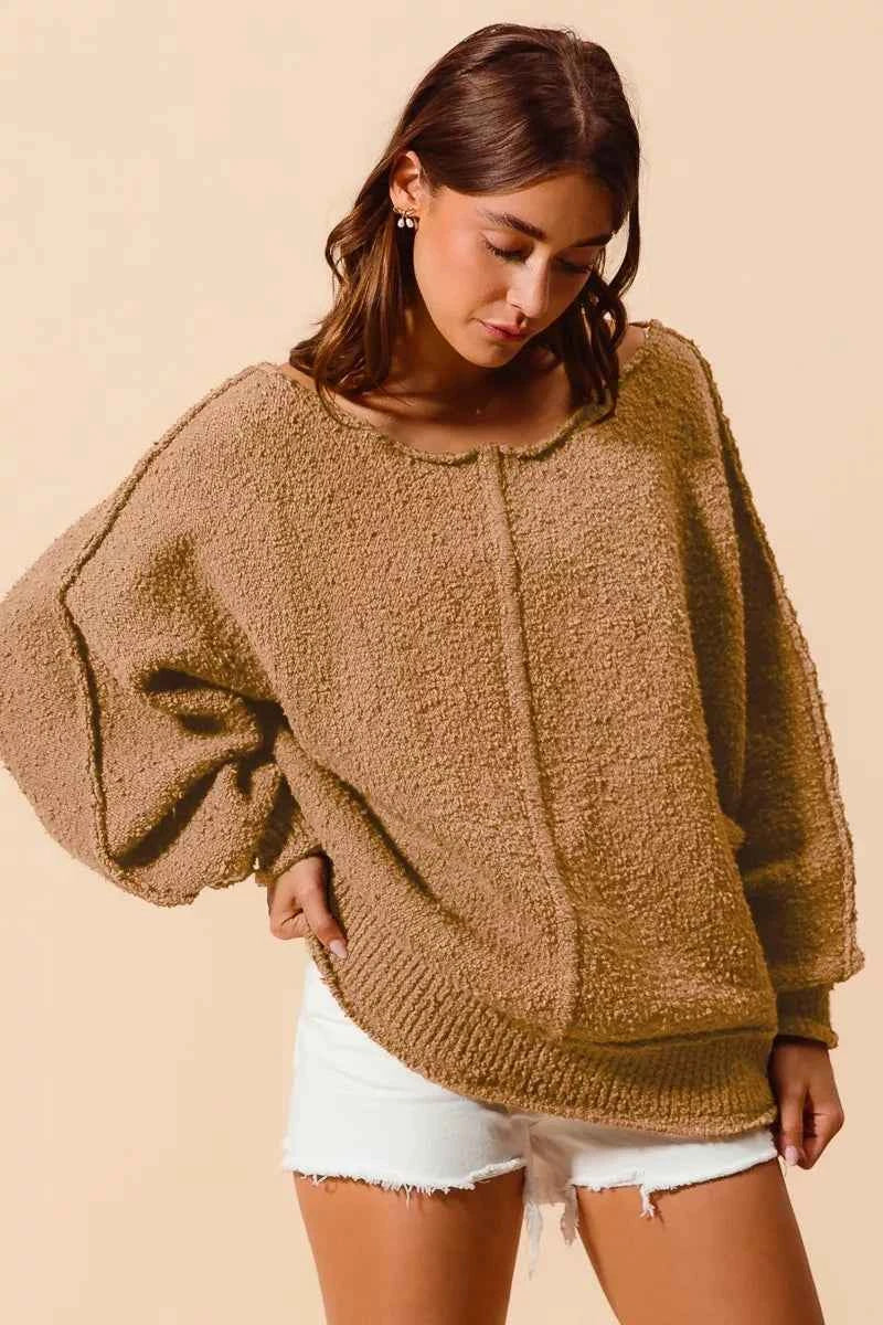 SO ME Loose Fit Exposed Seam Slouchy Boucle Sweater - Velvet Stardust Co.