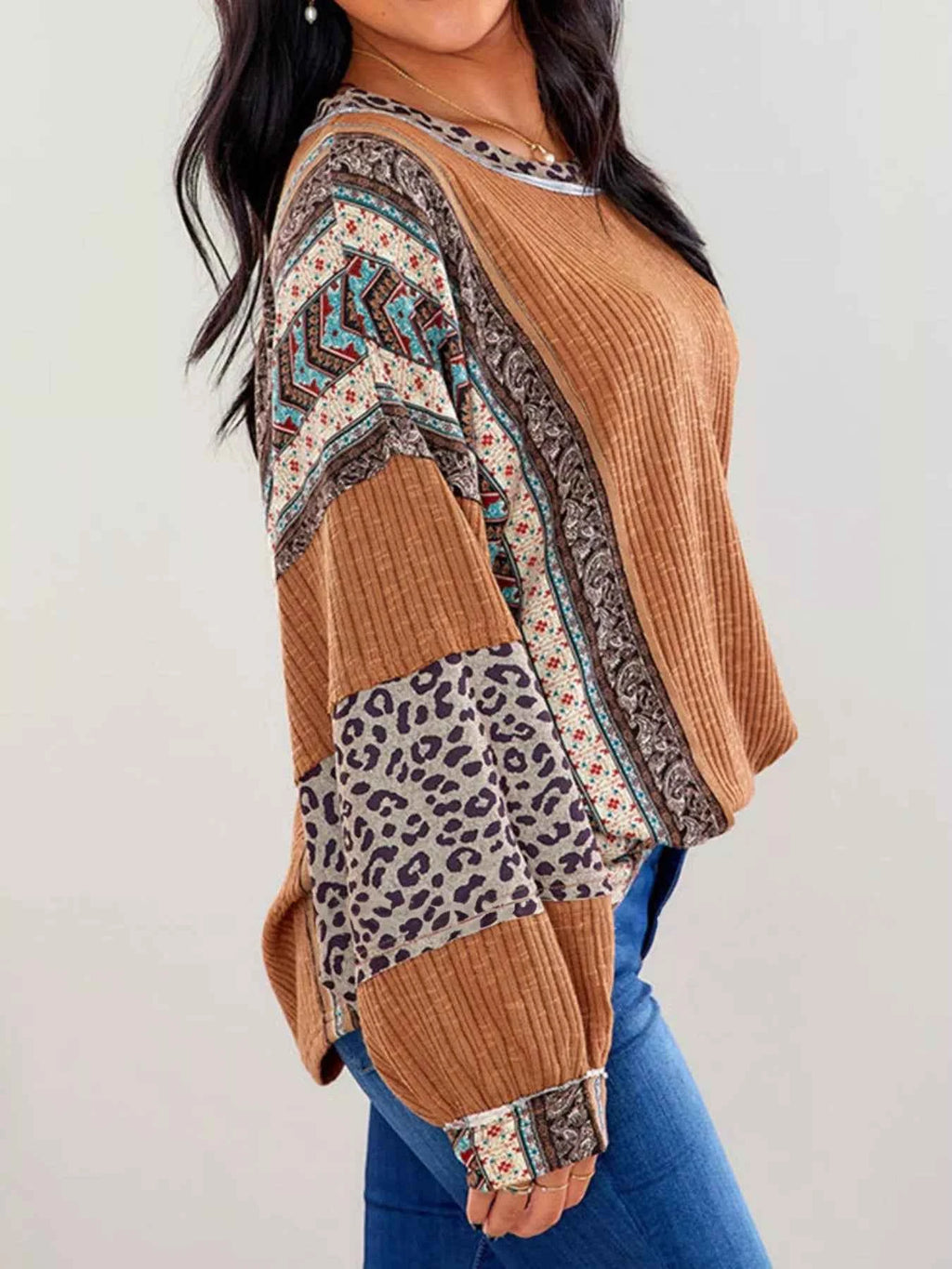 Velvet Stardust Co. Leopard Colorblock Ribbed Top – Boho Long Sleeve Knit Pullover - Velvet Stardust Co.