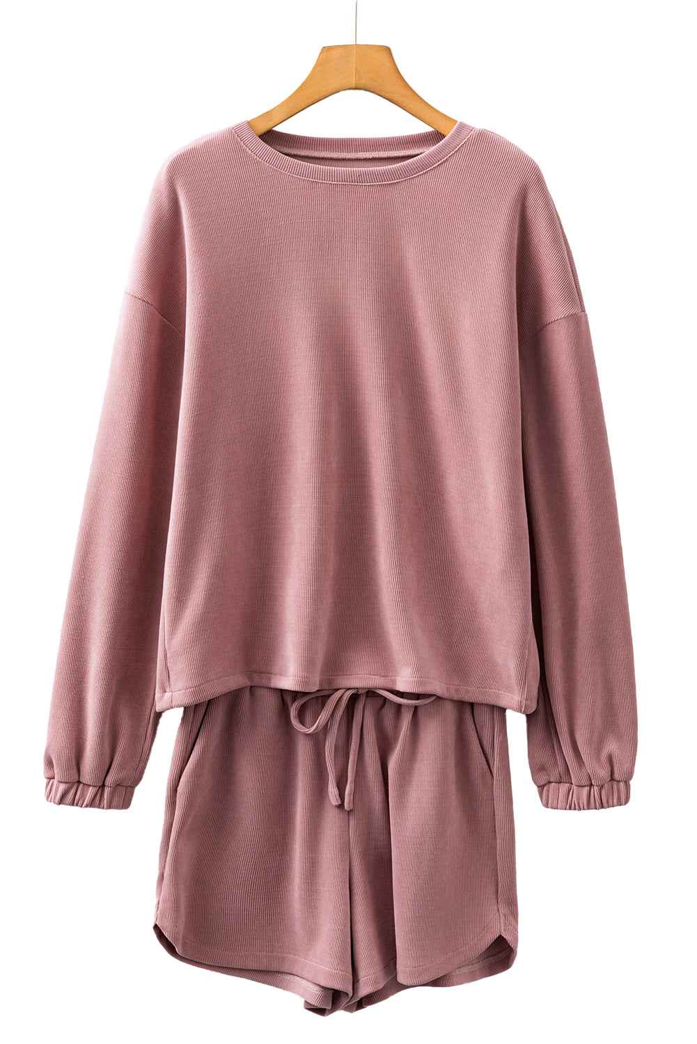 Fushia Textured Knit Drop Shoulder Pullover Drawstring Shorts Set