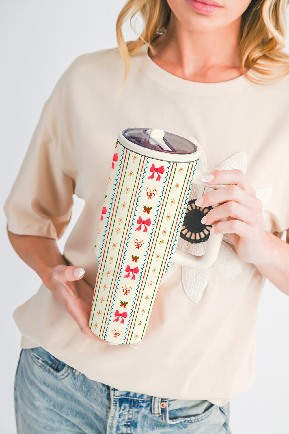 White Christmas Sweet Bow Print Travel Mug with Handle and Straw - Velvet Stardust Co.