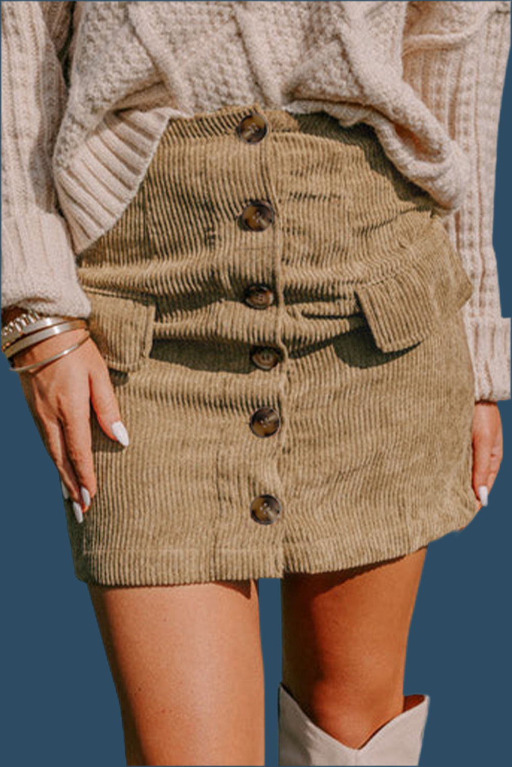 Camel Corduroy Buttoned Front Faux Pockets Mini Skirt - Velvet Stardust Co.