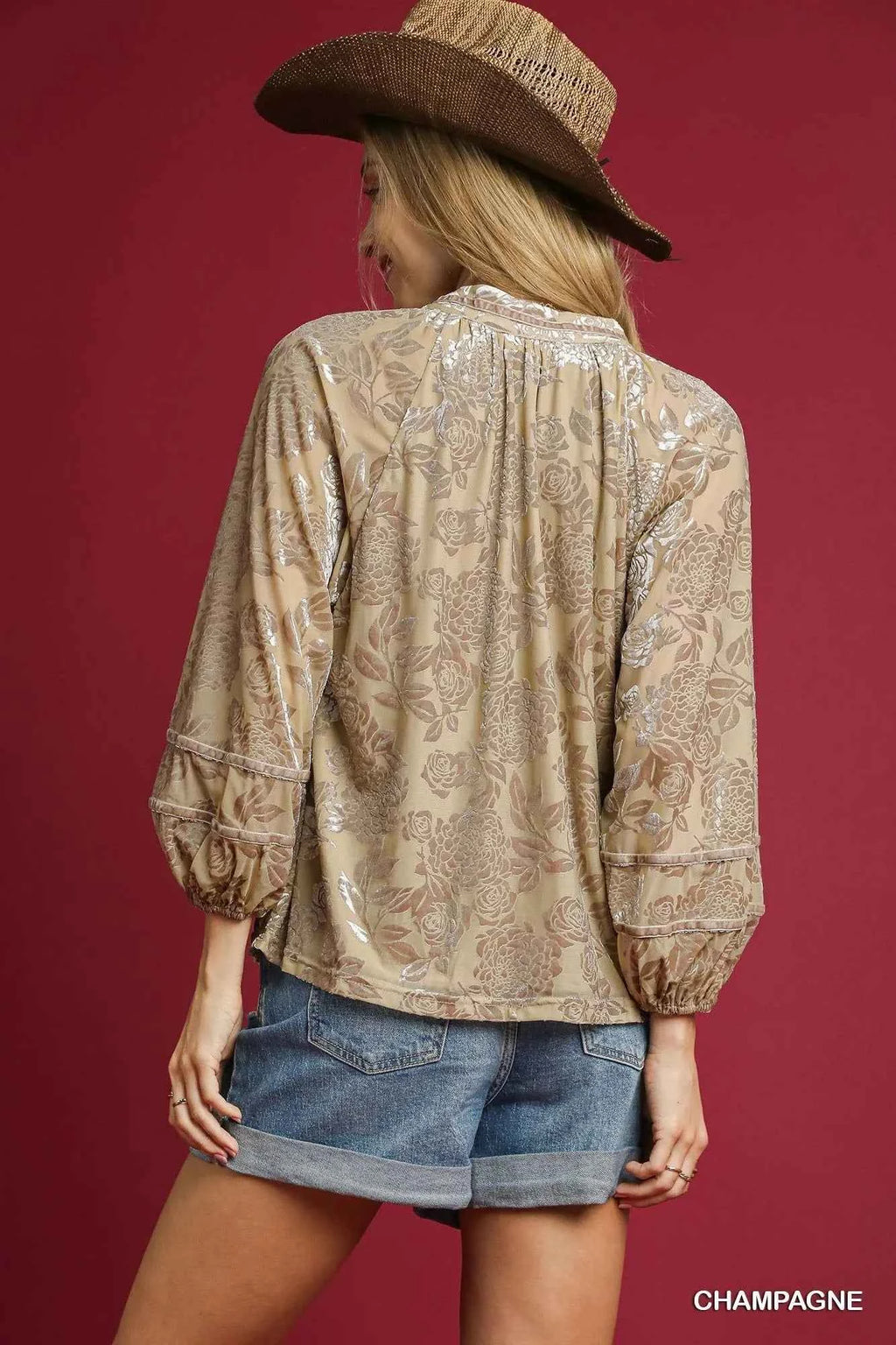 Umgee Floral Velvet Blouse with Balloon Sleeves - Velvet Stardust Co.