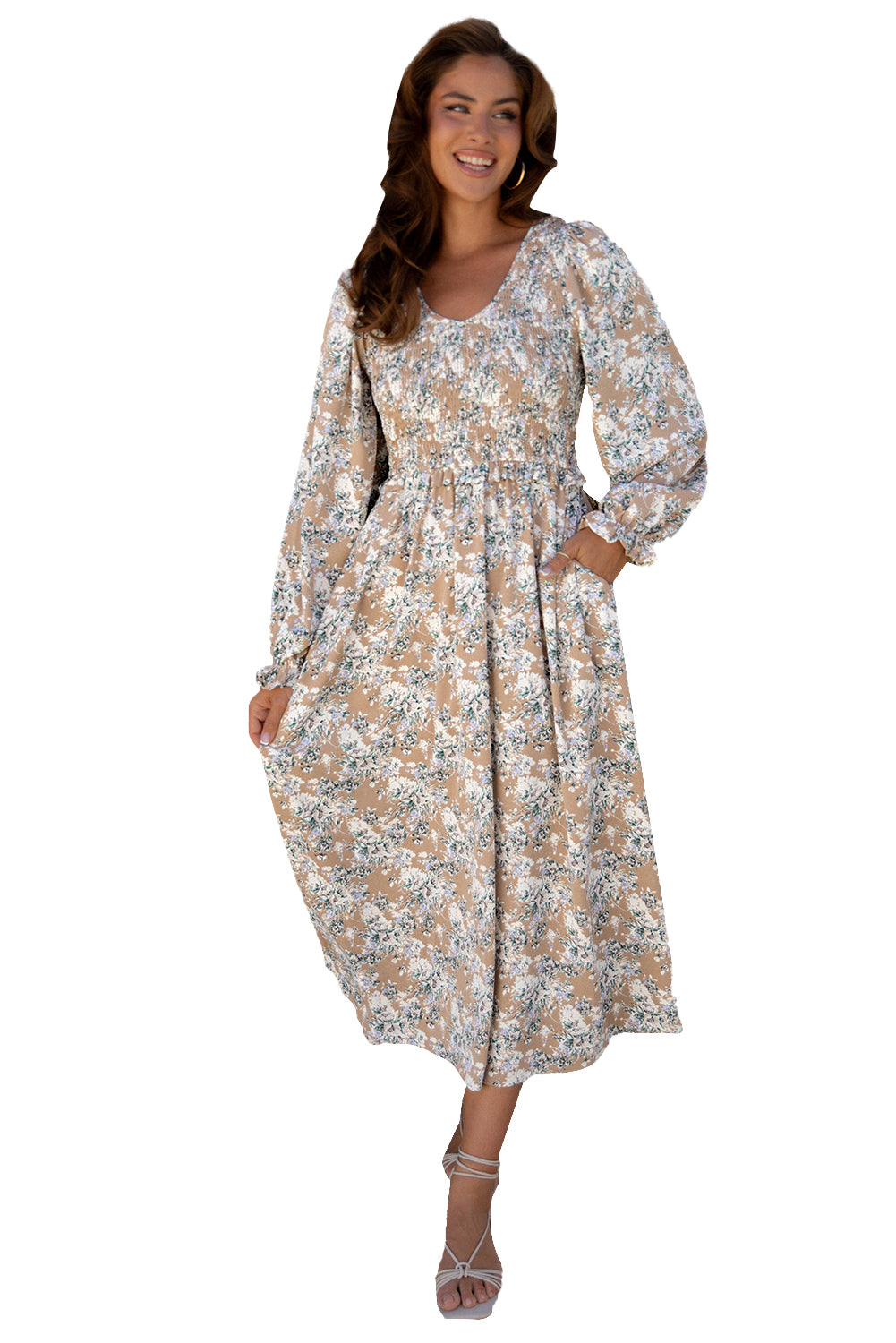 Khaki Maple Grove Floral Smocked Puff Sleeve Long Dress - Velvet Stardust Co.