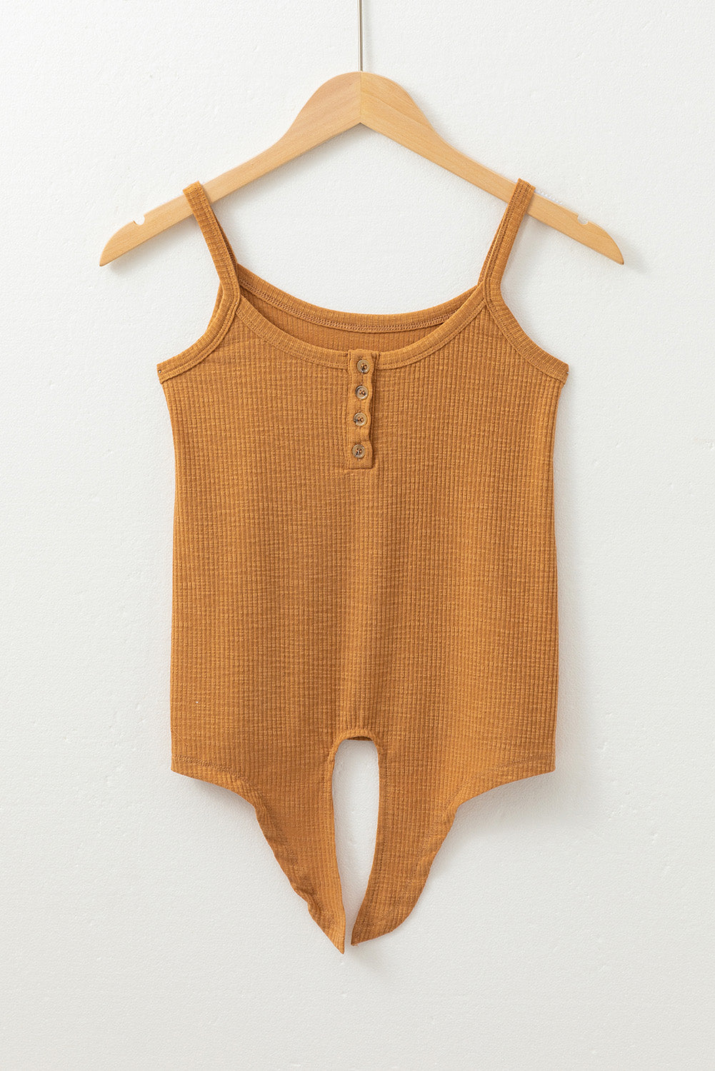 Straw Yellow Ribbed Front Knot Buttoned Thin Strap Tank Top - Velvet Stardust Co.