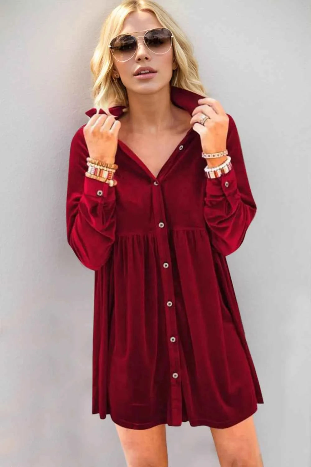 Oh Full Size Collared Neck Long Sleeve Mini Dress - Velvet Stardust Co.
