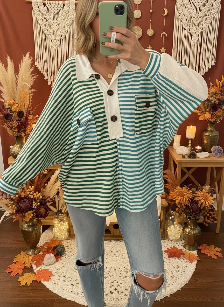 Striped Oversized Half Button Sweatshirt - Velvet Stardust Co.