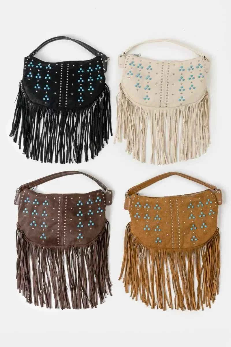Fame Studded Pattern Multi Fringe Hobo Shoulder Bag - Velvet Stardust Co.