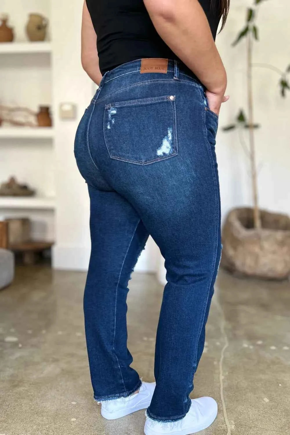 Judy Blue Full Size High Waist Rigid Magic Heavy Destroy Straight Jeans - Velvet Stardust Co.
