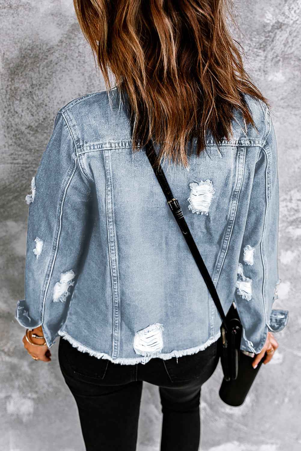 Light Blue Distressed Ripped Raw Hem Buttons Denim Jacket - Velvet Stardust Co.