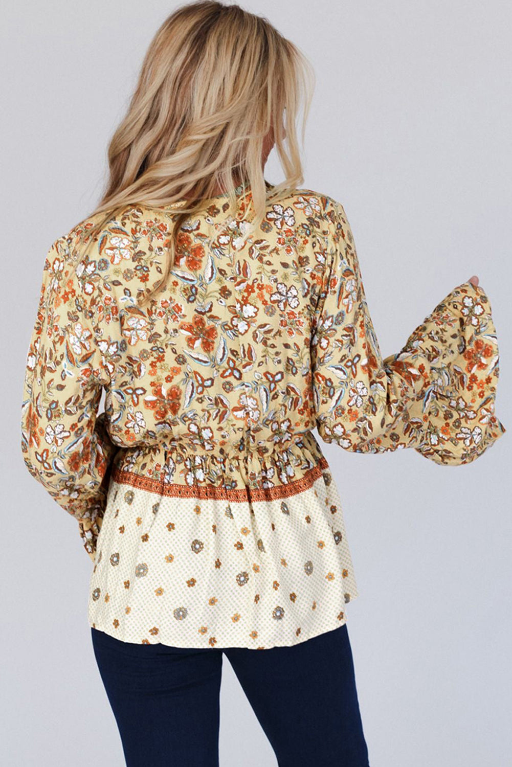 Yellow Printed Floral Bell Sleeve V Neck Wrapped Contrast Peplum Blouse - Velvet Stardust Co.