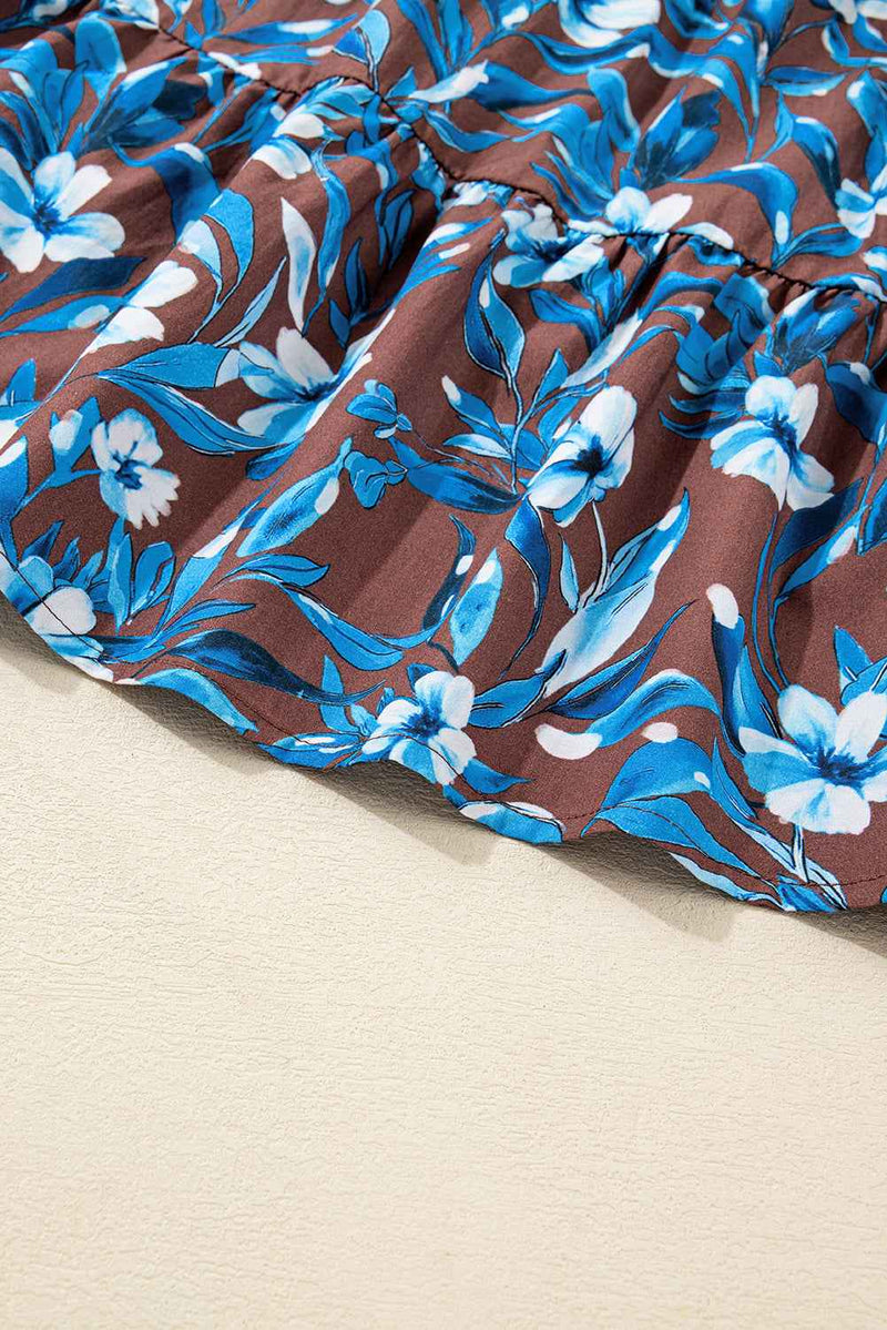 Blue Smocked Bodice High Waist Ruffled Sleeve Floral Dress