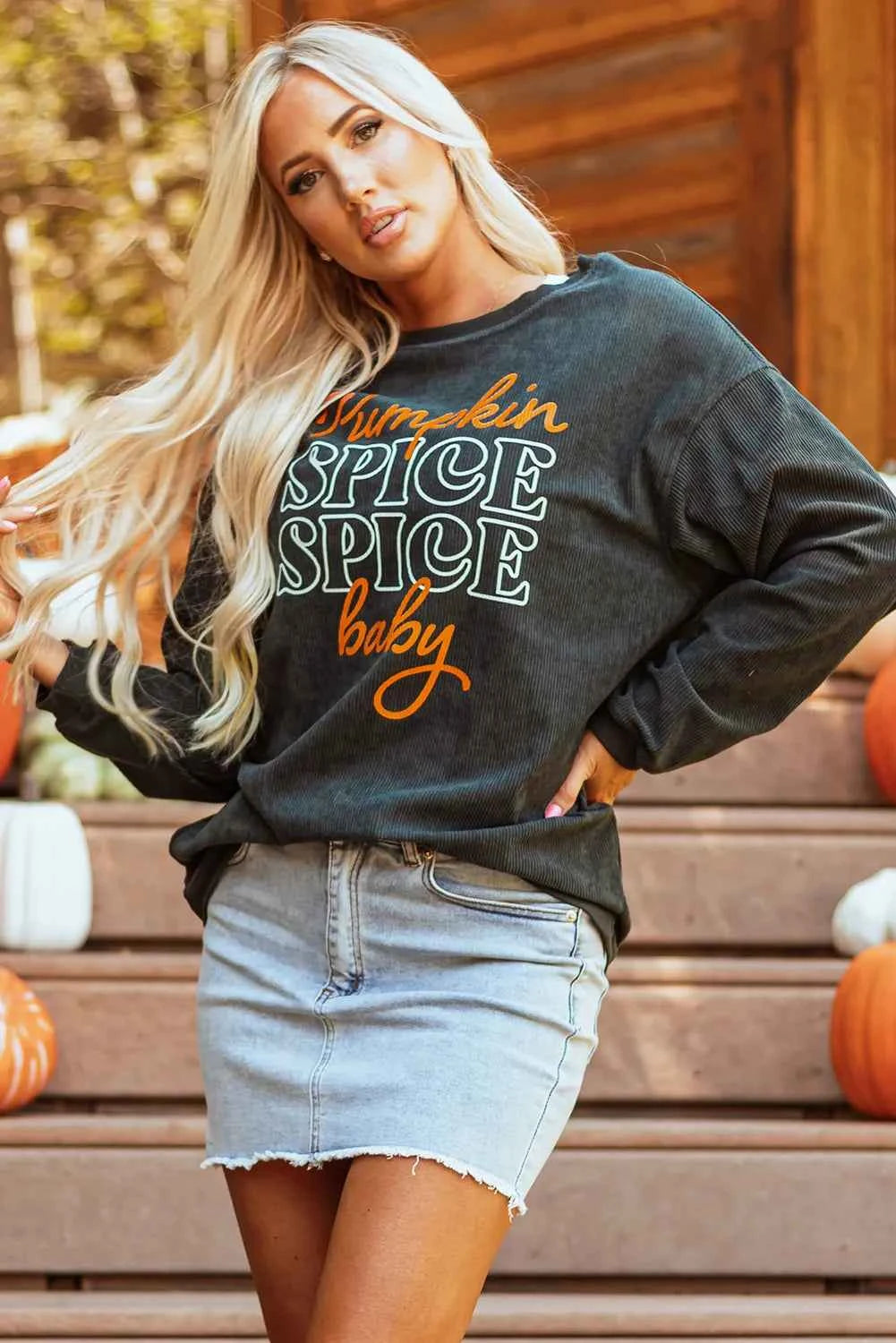 Spice Spice Baby Fall Letter Graphic Round Neck Long Sleeve Sweatshirt - Velvet Stardust Co.