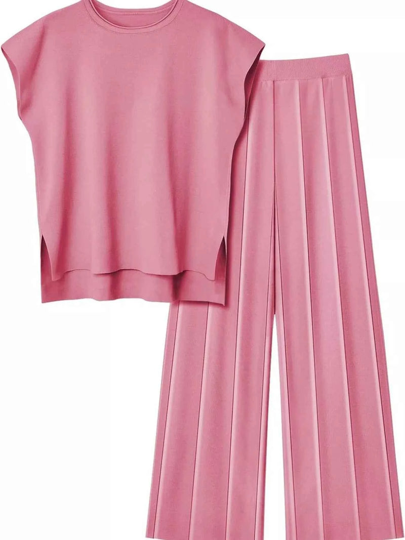 Casual Solid Color Cap Sleeve Top and Pants Knit Set