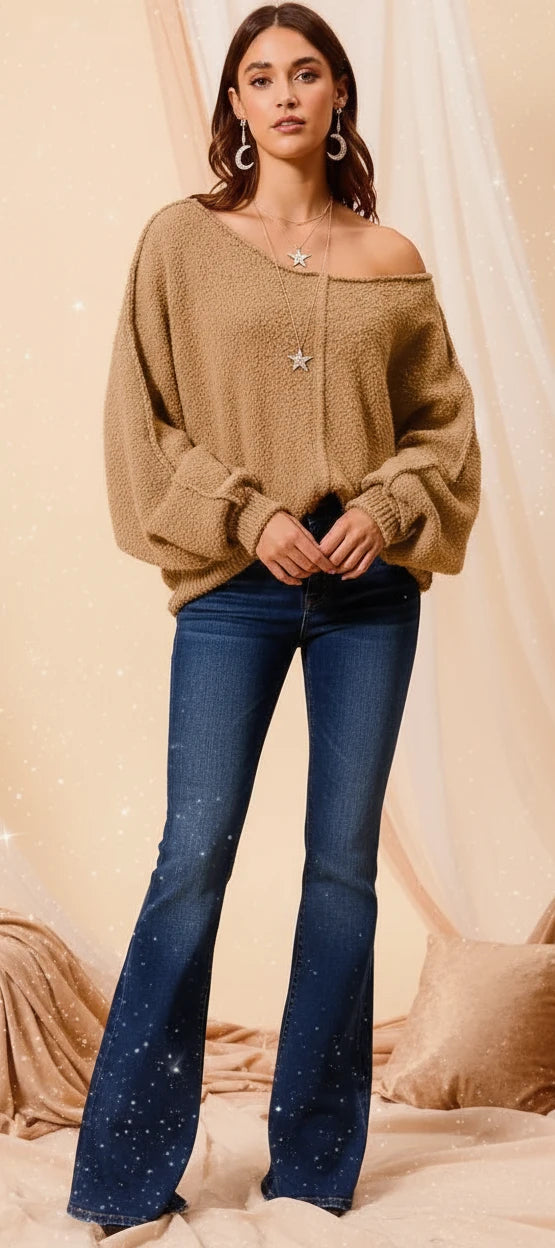 SO ME Loose Fit Exposed Seam Slouchy Boucle Sweater - Velvet Stardust Co.