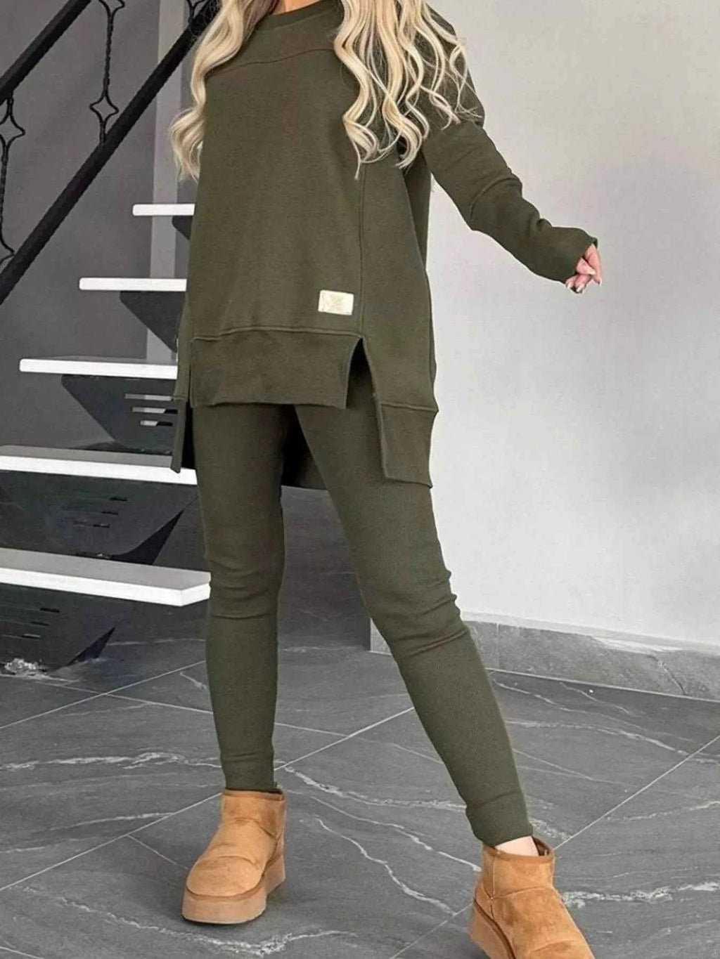 Full Size Slit Round Neck Top and Pants Set Plus Size