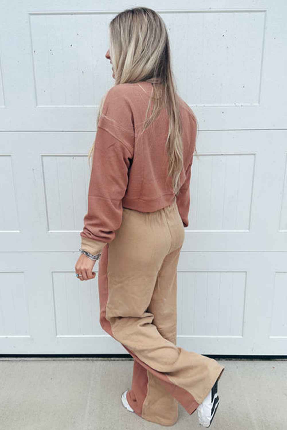 Khaki Color Block Long Sleeve Crop Top Drawstring Pant Set - Velvet Stardust Co.