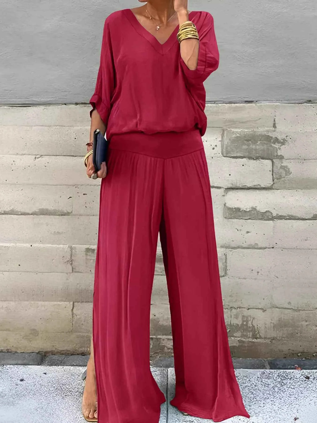 V-Neck Top and Wide Leg Pants Two-Piece Set