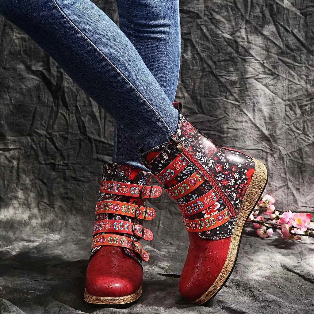 Embroidered Round Toe Boots