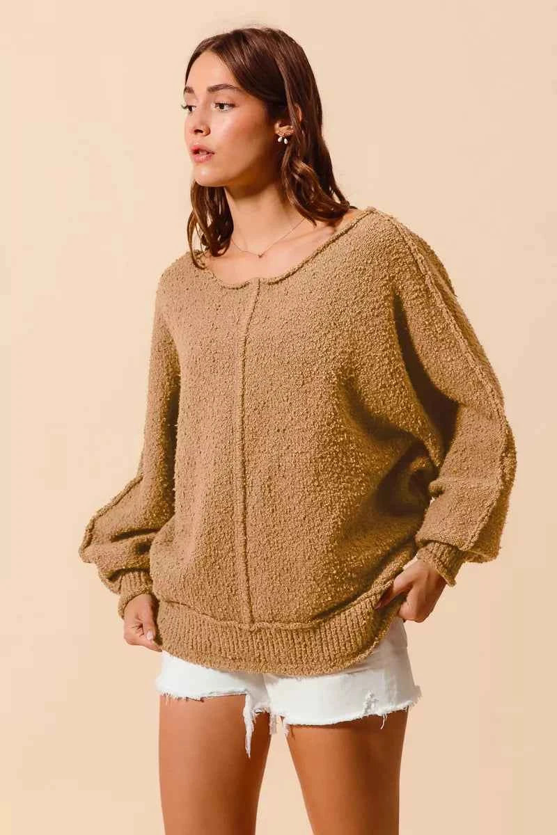 SO ME Loose Fit Exposed Seam Slouchy Boucle Sweater - Velvet Stardust Co.