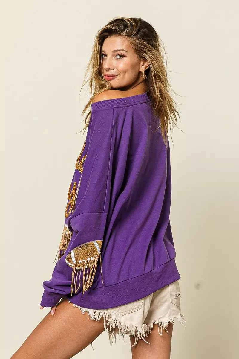 BiBi Sequin Football Patches Game Day Sweatshirt - Velvet Stardust Co.