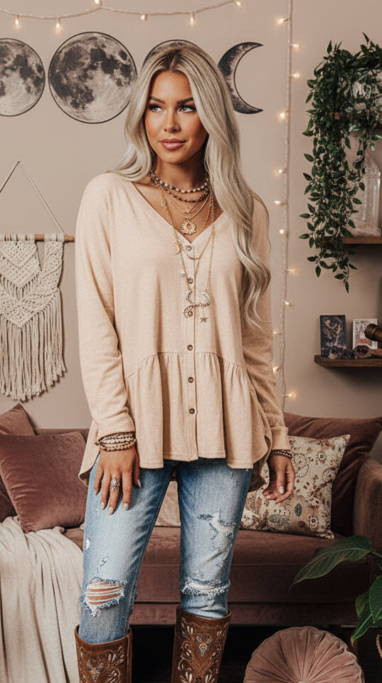 Jet Stream Ruffled V Neck Buttoned V Neck Shirt - Velvet Stardust Co.