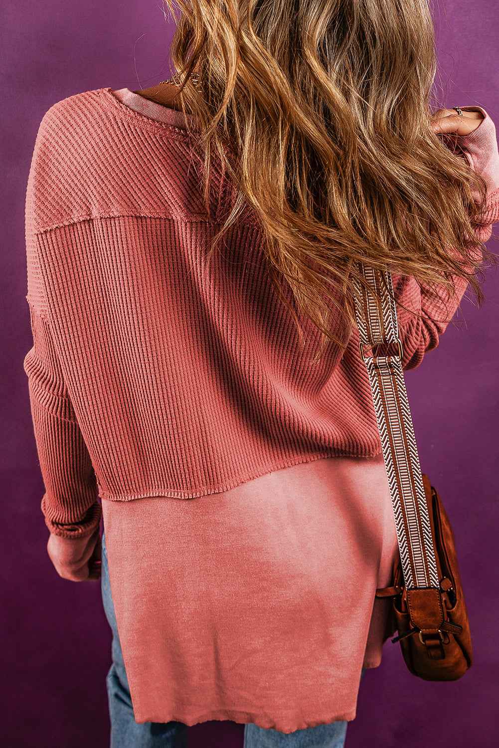 Mineral Red Waffle Knit Patchwork Exposed Seam Long Sleeve Top - Velvet Stardust Co.