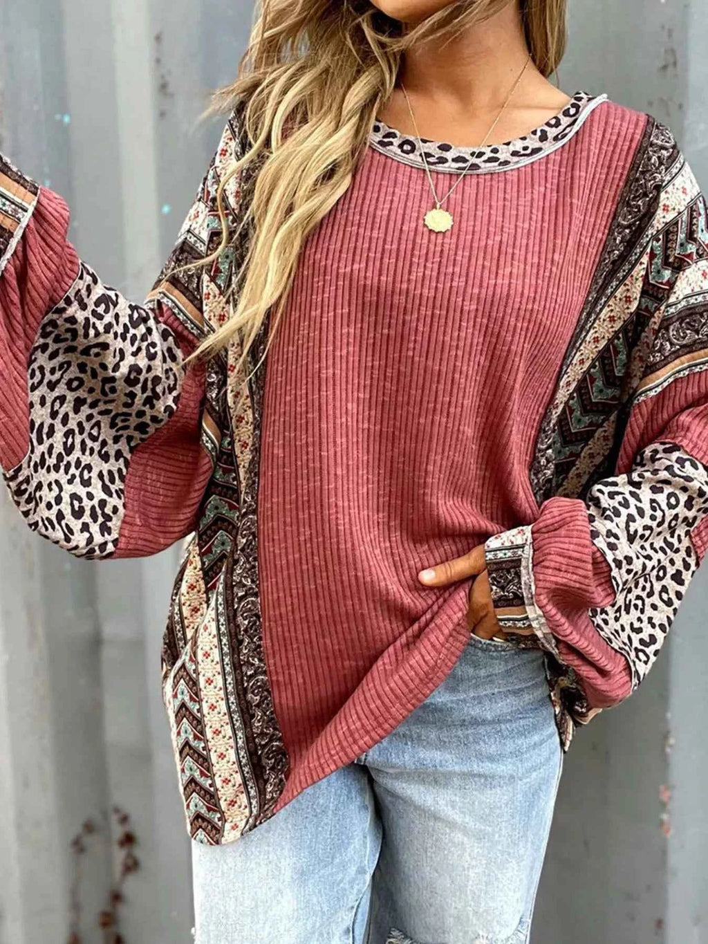 Velvet Stardust Co. Leopard Colorblock Ribbed Top – Boho Long Sleeve Knit Pullover - Velvet Stardust Co.