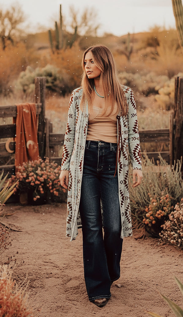 Brown Western Aztec Printed Open Front Long Cardigan - Velvet Stardust Co.