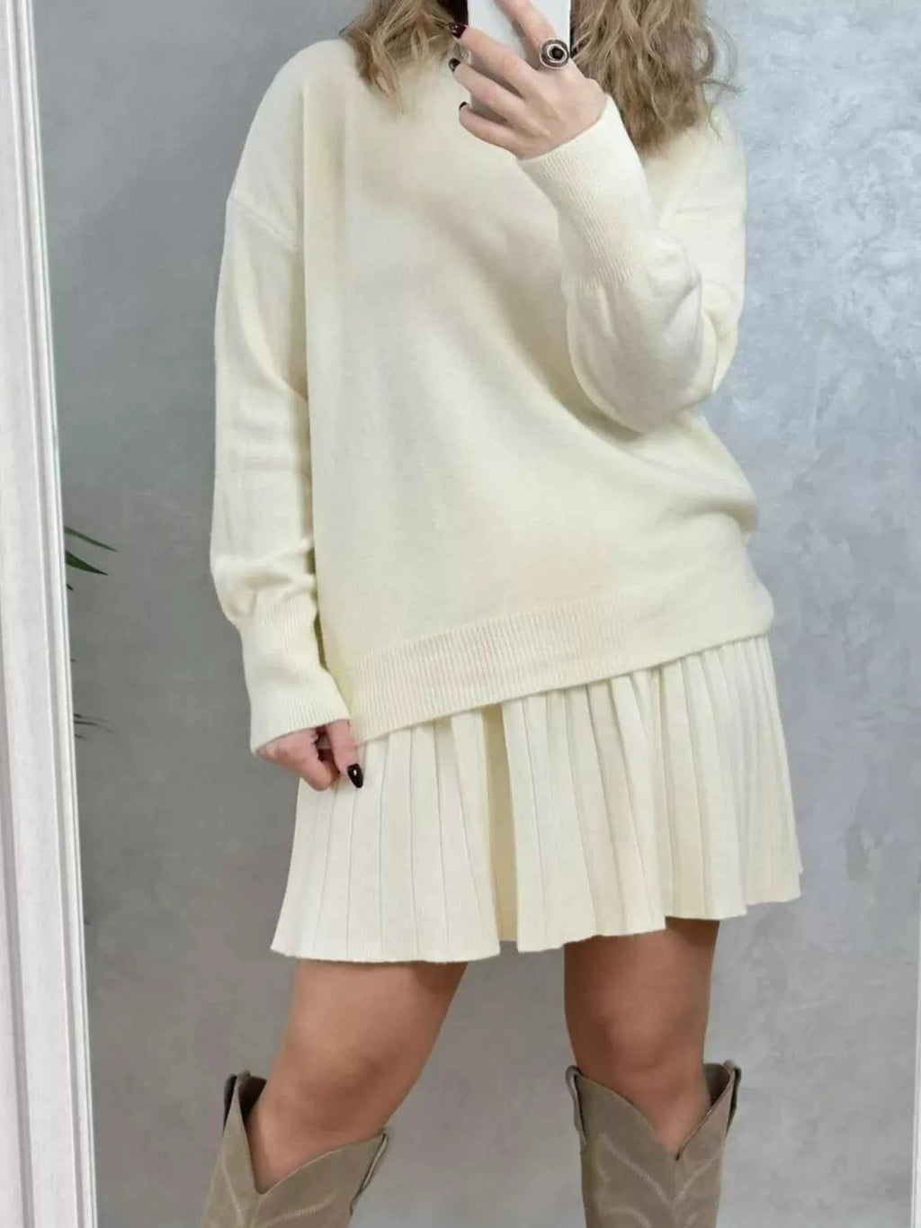 Round Neck Top and Pleated Skirt Sweater Set