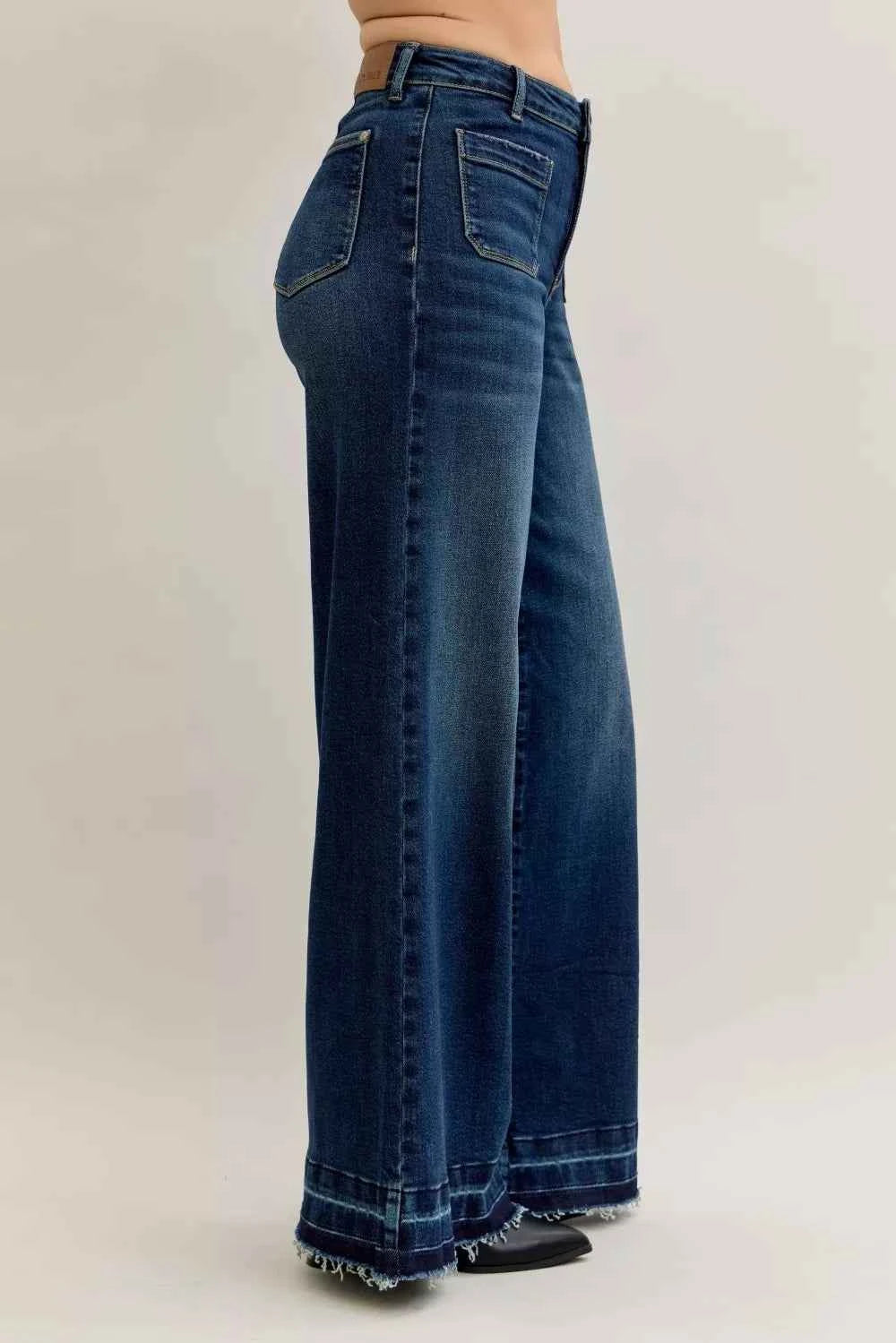 Judy Blue High Waist Palazzo Jeans with Front Patch Pockets - Velvet Stardust Co.