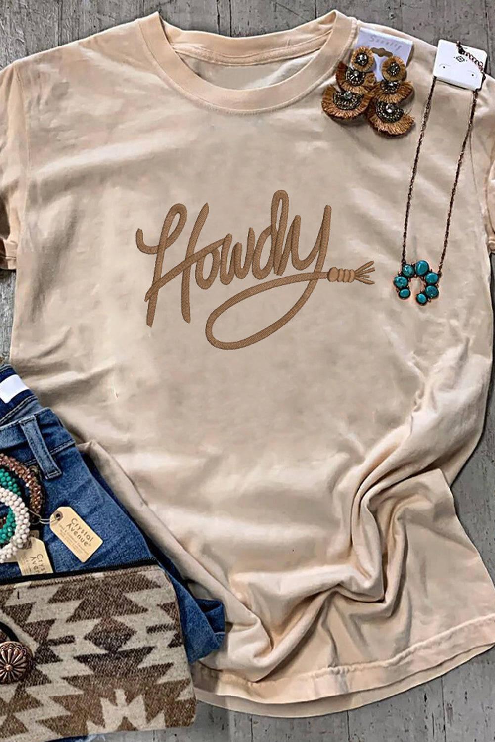 Khaki Howdy Embroidered Graphic Western Tee - Velvet Stardust Co.