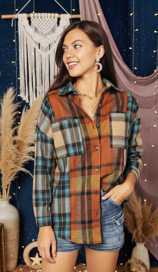 Double Take Plaid Curved Hem Shirt Jacket with Breast Pockets - Velvet Stardust Co.