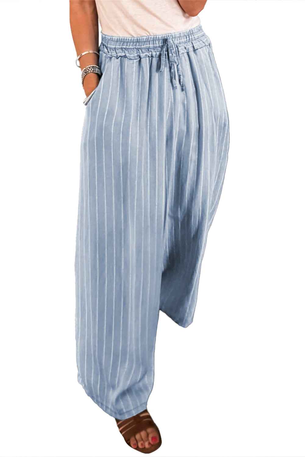 Sky Blue Stripe Chambray Wide Leg Tied Elastic Waist Trousers - Velvet Stardust Co.