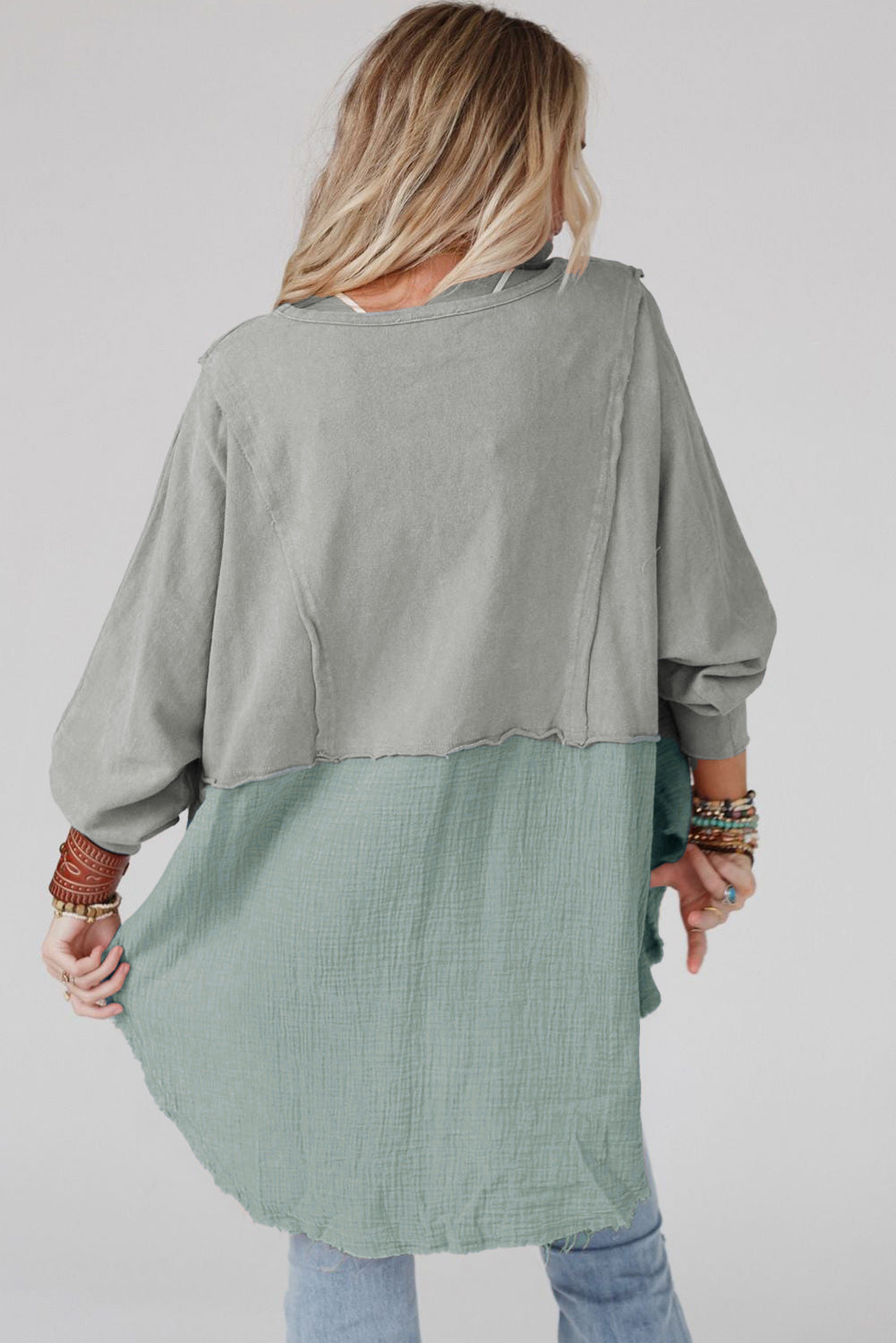 Grey Crinkle Splicing Raw Hem High Low Oversized Blouse - Velvet Stardust Co.