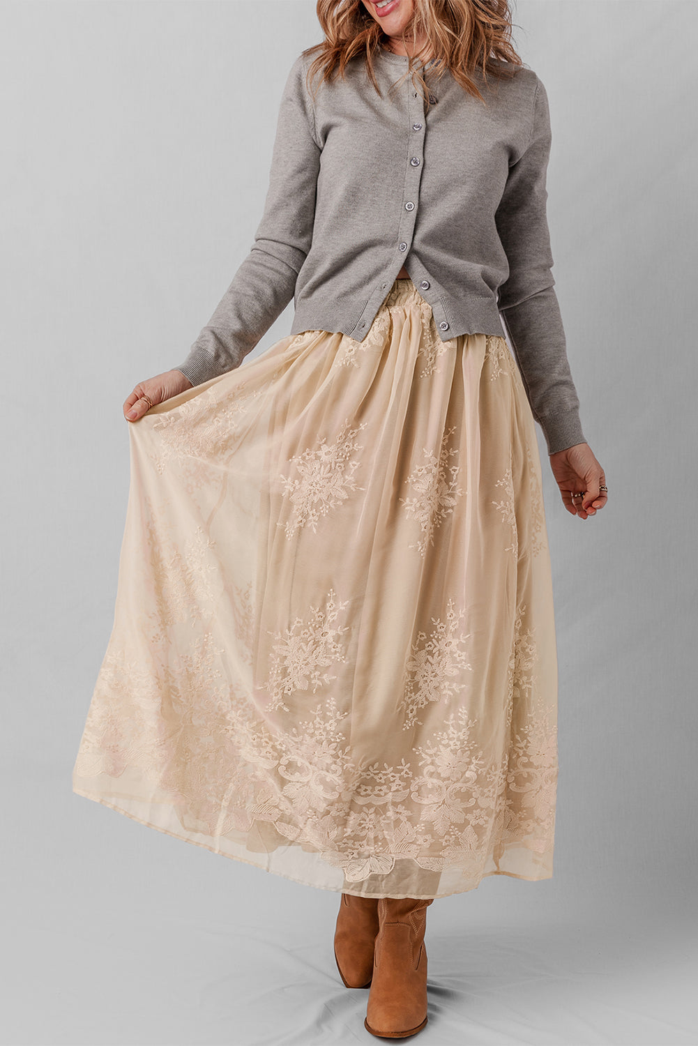 Oatmeal Embroidered Mesh Overlay Flowy Long Skirt - Velvet Stardust Co.
