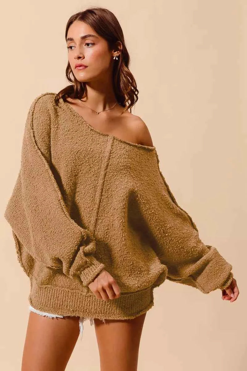SO ME Loose Fit Exposed Seam Slouchy Boucle Sweater - Velvet Stardust Co.