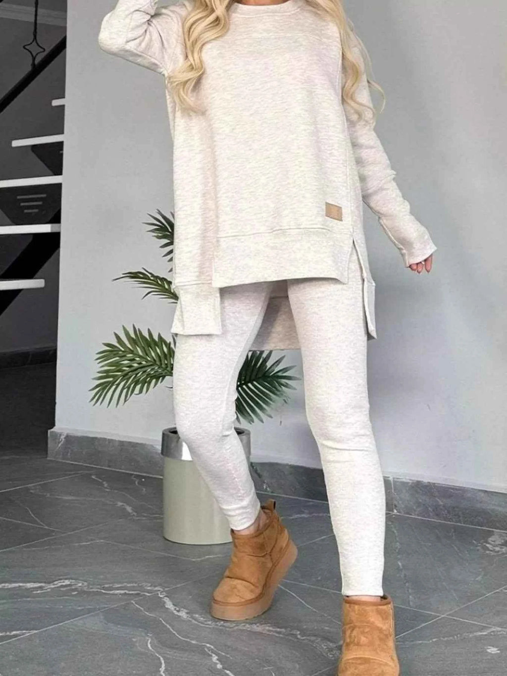 Full Size Slit Round Neck Top and Pants Set Plus Size