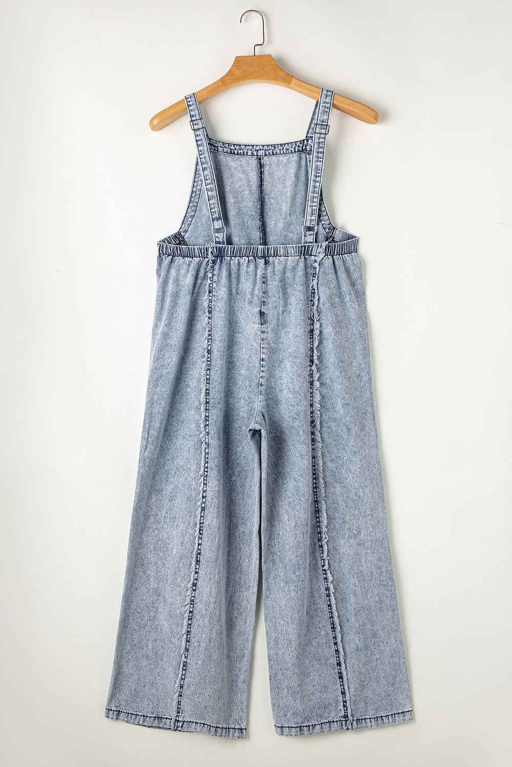 Blue Light Wash Frayed Exposed Seam Wide Leg Denim Overalls - Velvet Stardust Co.