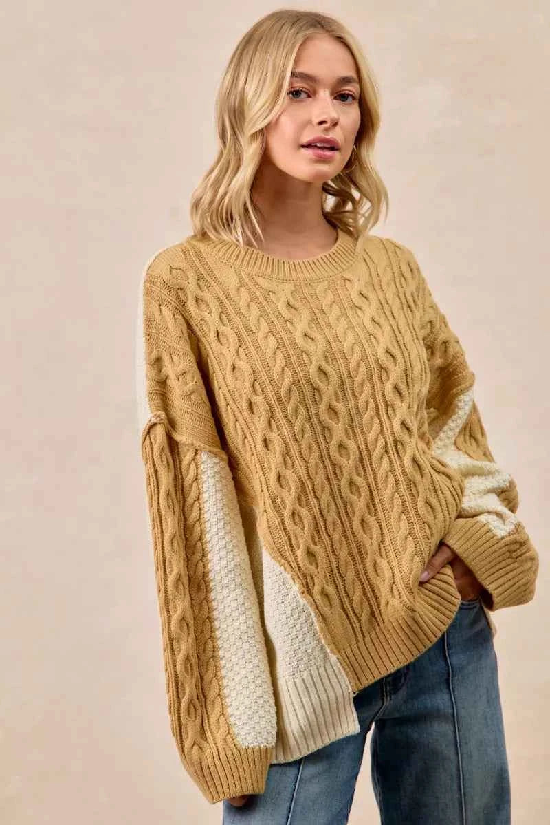 BiBi Cable Knit With Hacci Combo Sweater With Uneven Hem Detail