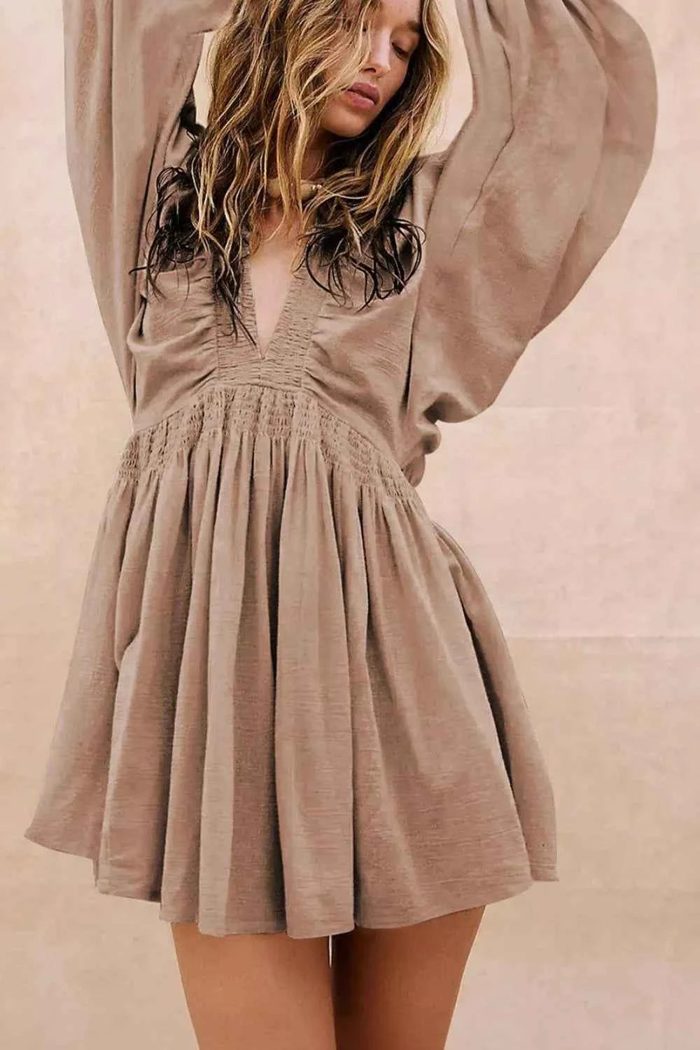 Smocked V-Neck Balloon Sleeve Dress - Velvet Stardust Co.