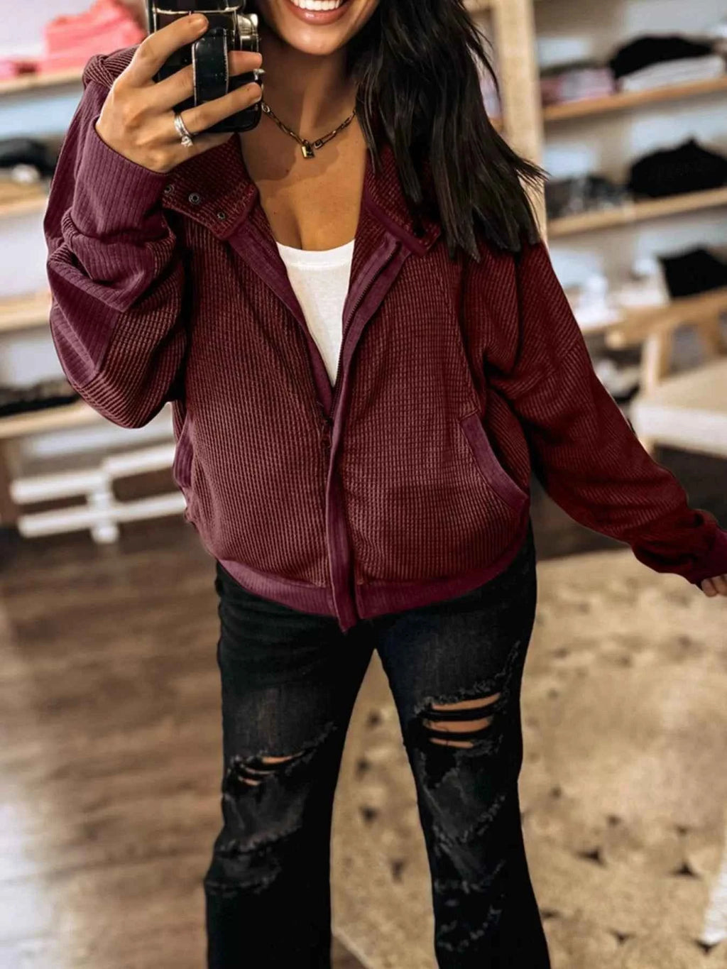 Waffle Zip Up Hooded Jacket with Pockets -Velvet Stardust Co. - Velvet Stardust Co.