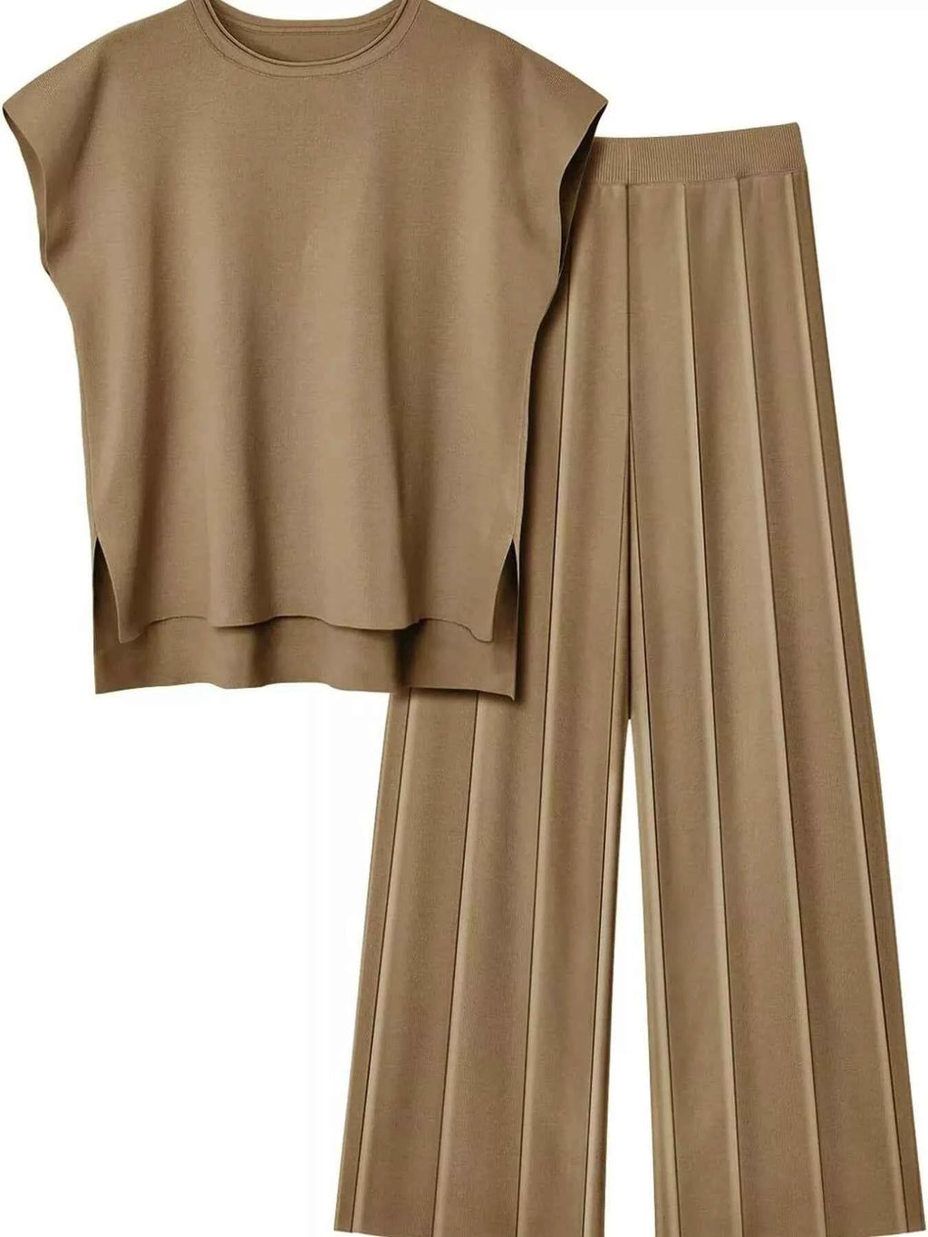 Casual Solid Color Cap Sleeve Top and Pants Knit Set