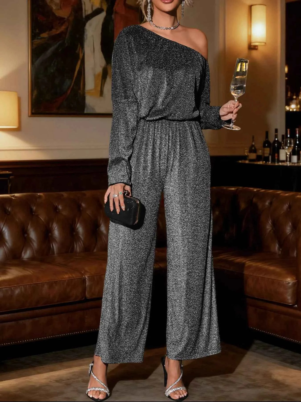 Glitter One Shoulder Long Sleeve Wide Leg Jumpsuit